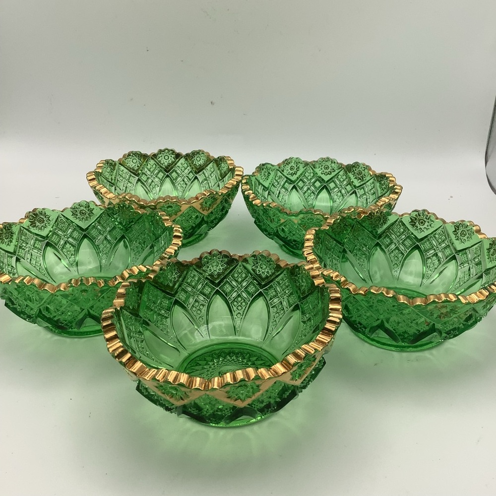 Five Green Cut Glass Bowls with Gold Trim
